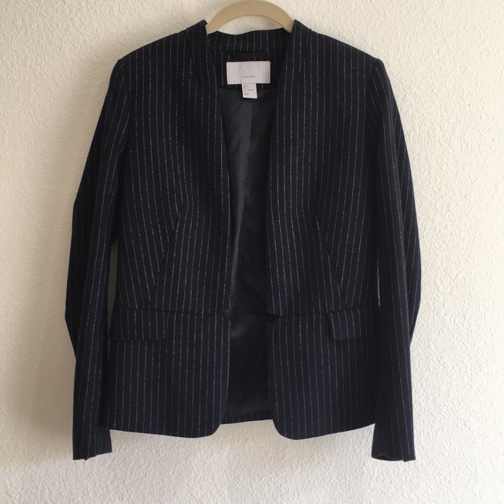 H&M new wool jacket no collar pin striped & pocket